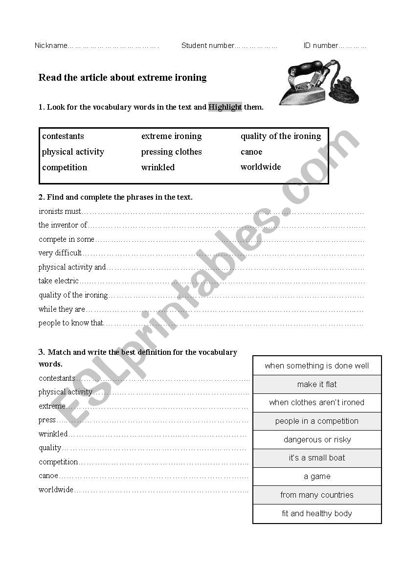 Extreme Ironing worksheet