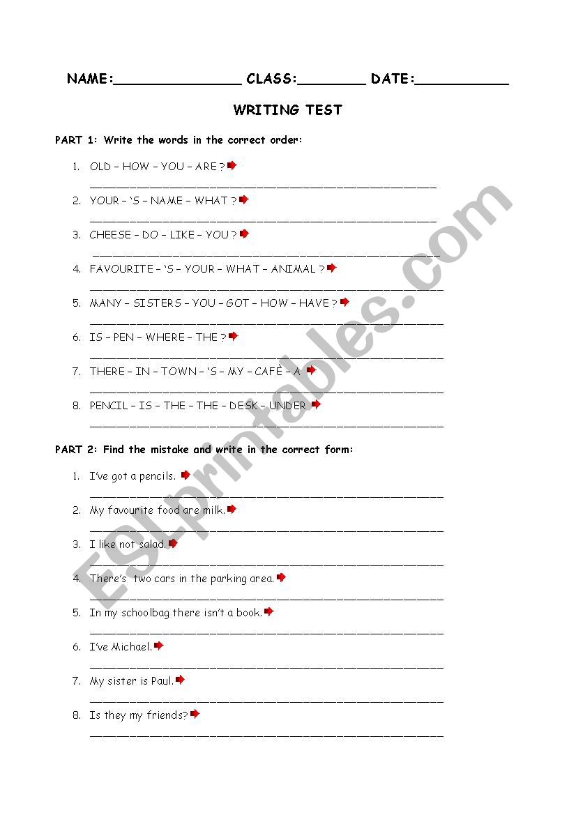 grammar test worksheet