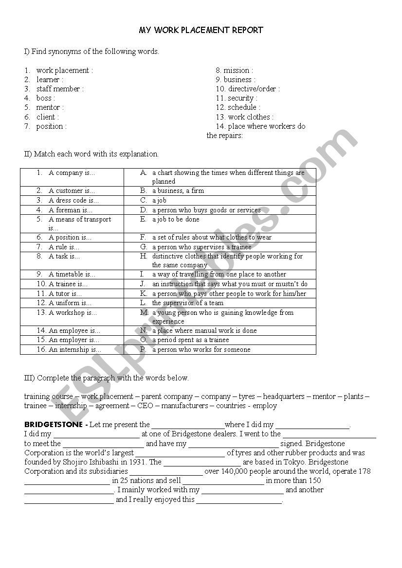 My work placement report ESL worksheet by maya7126