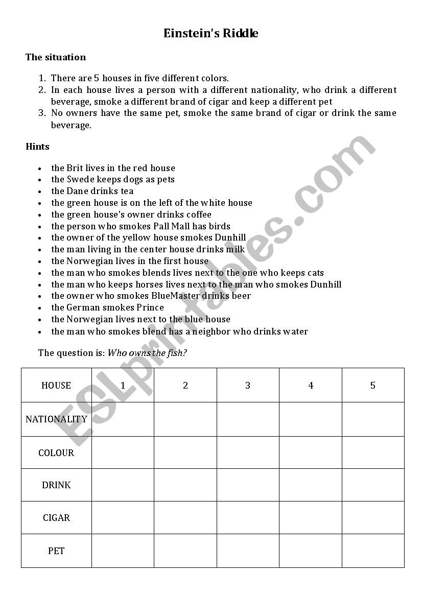 An einsteen riddle worksheet