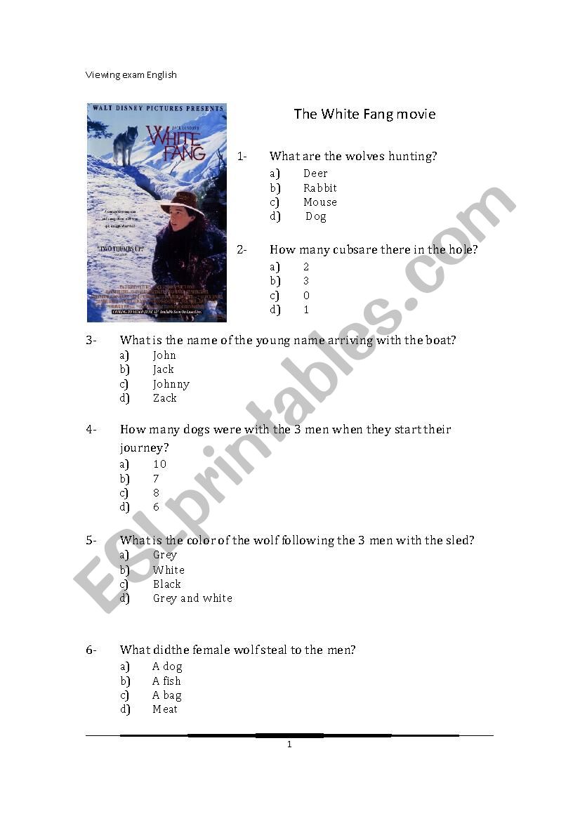 White Fang Movie worksheet