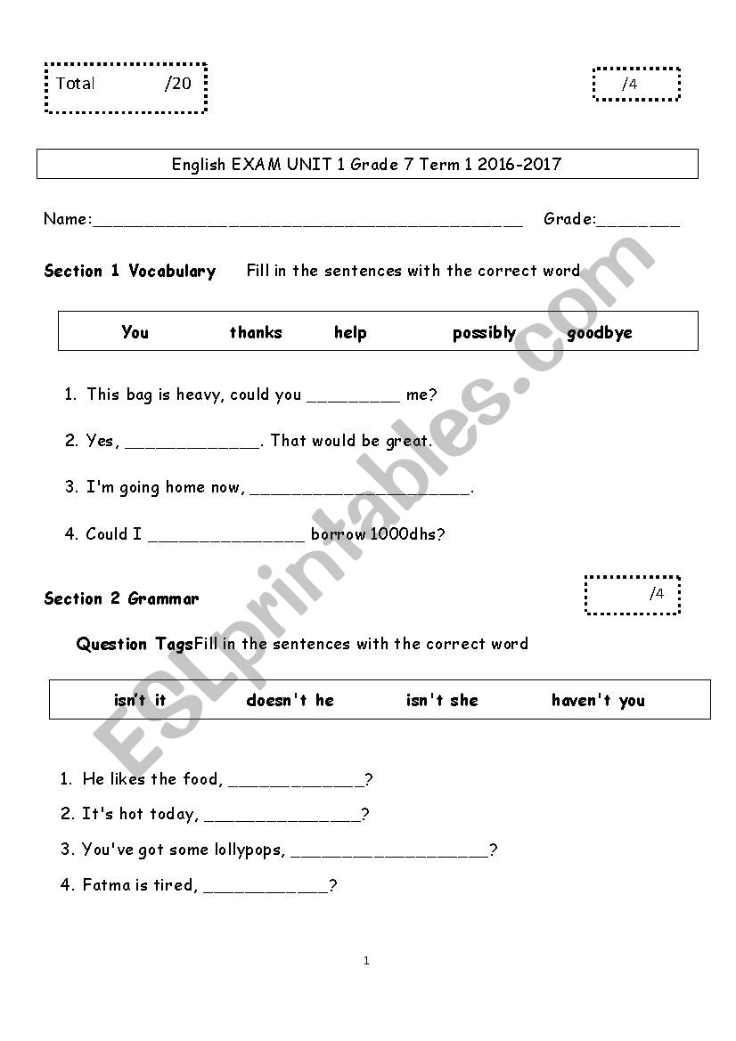 english exam worksheet