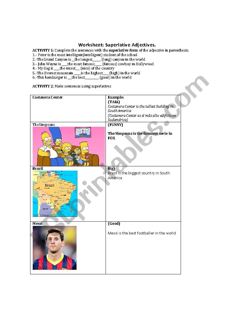 superlative worksheet worksheet