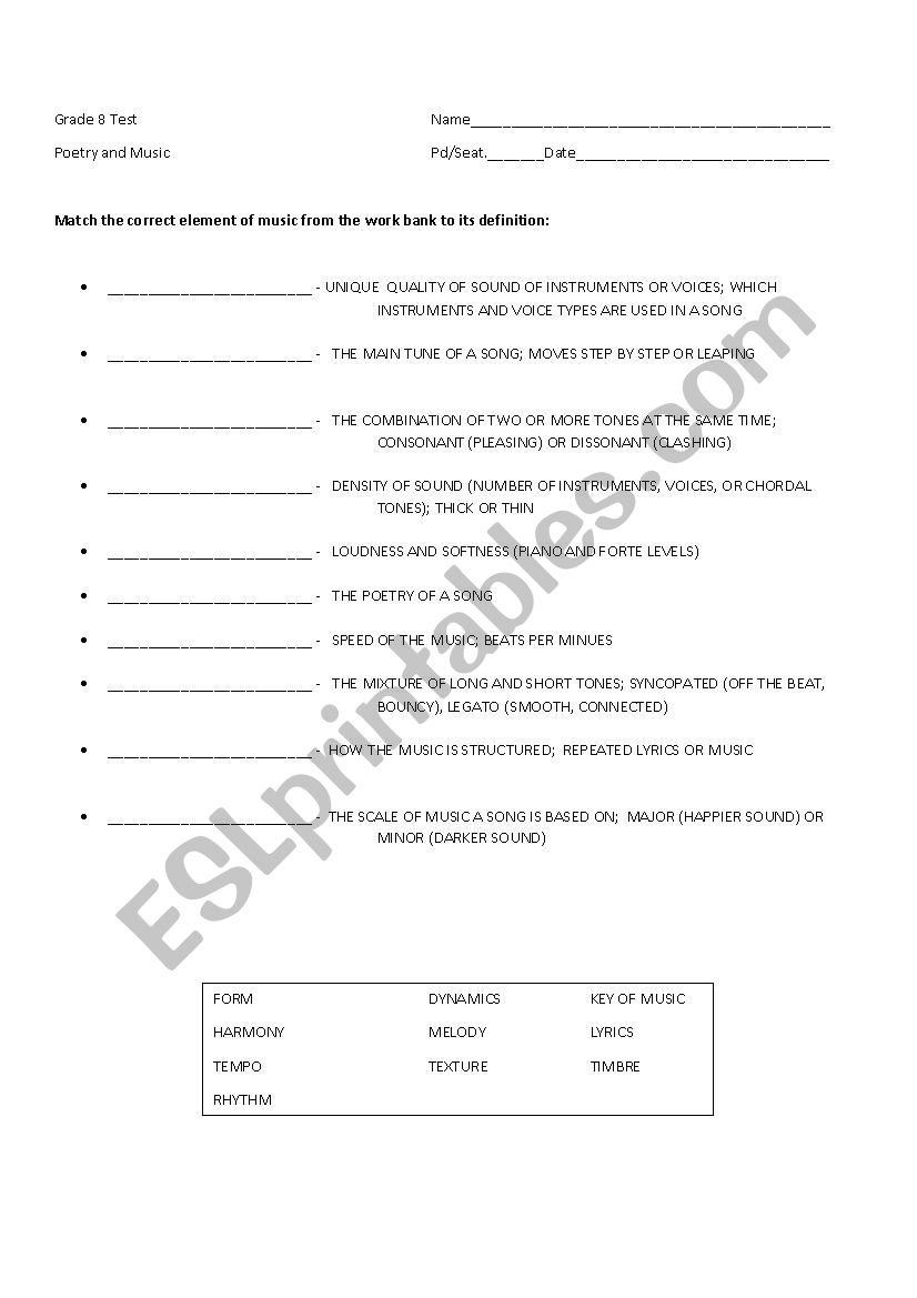 Poetry and Music Test worksheet