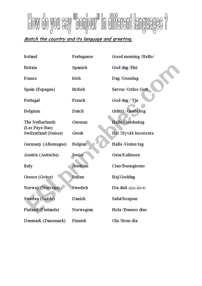 Hello in different languages worksheet