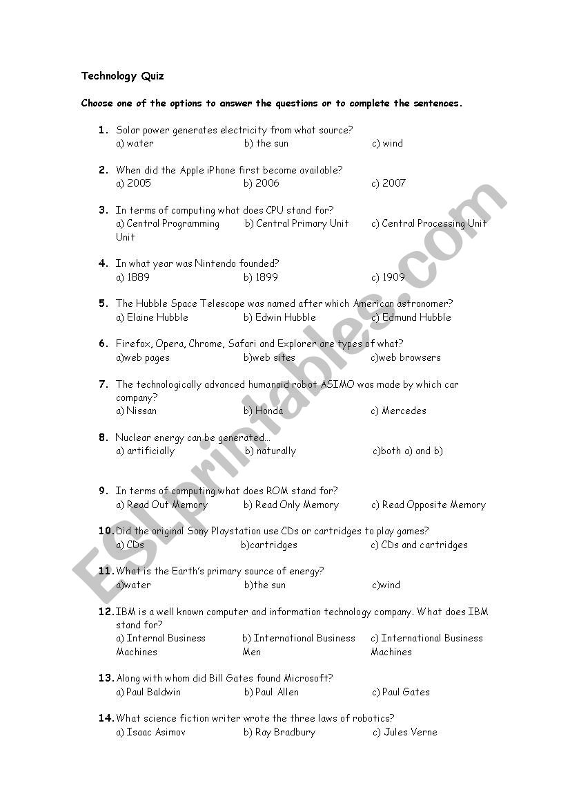 Technology Quiz worksheet