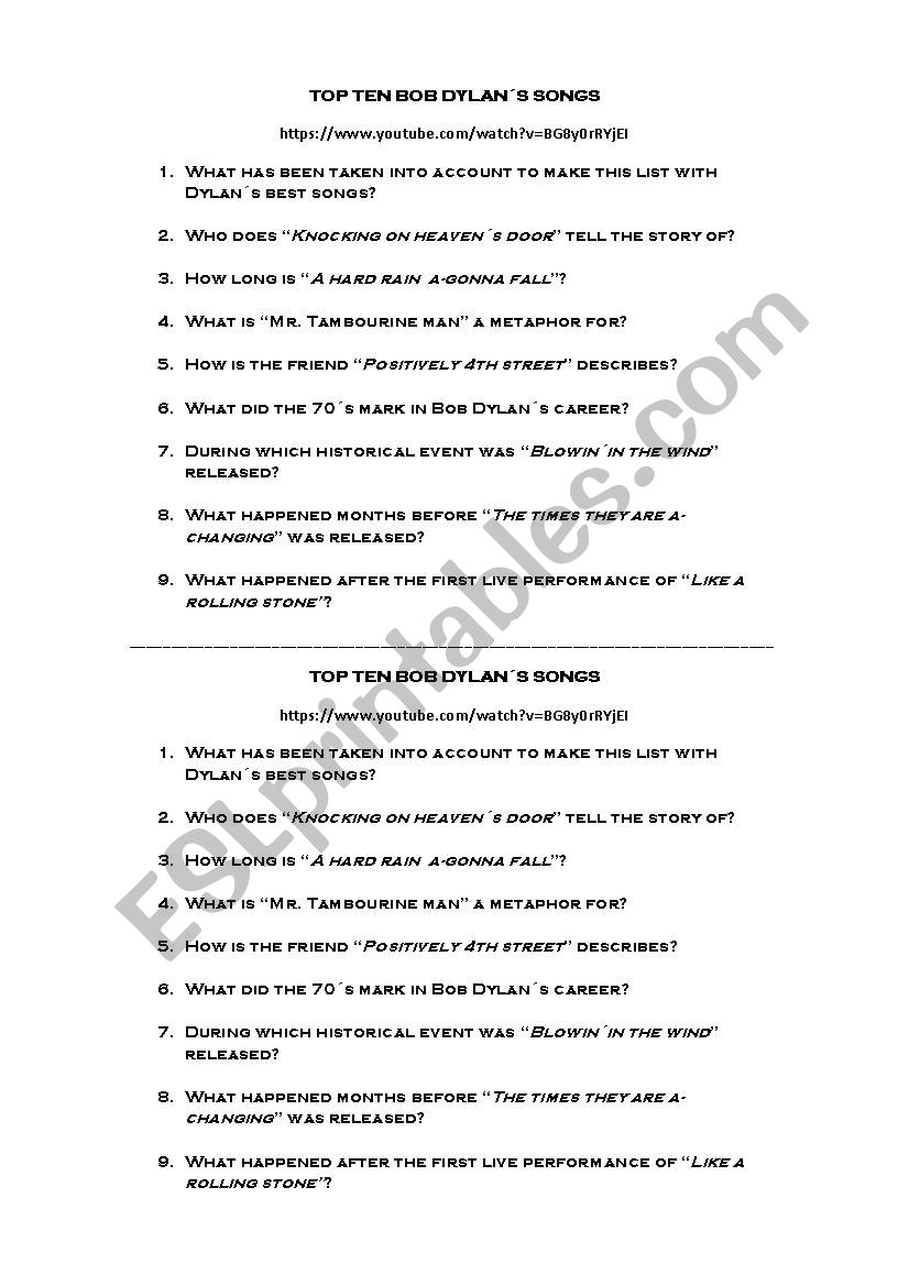 Top ten Bob Dylan´s songs - ESL worksheet by calvincito