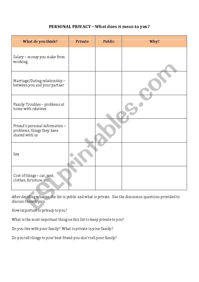 Personal Privacy worksheet