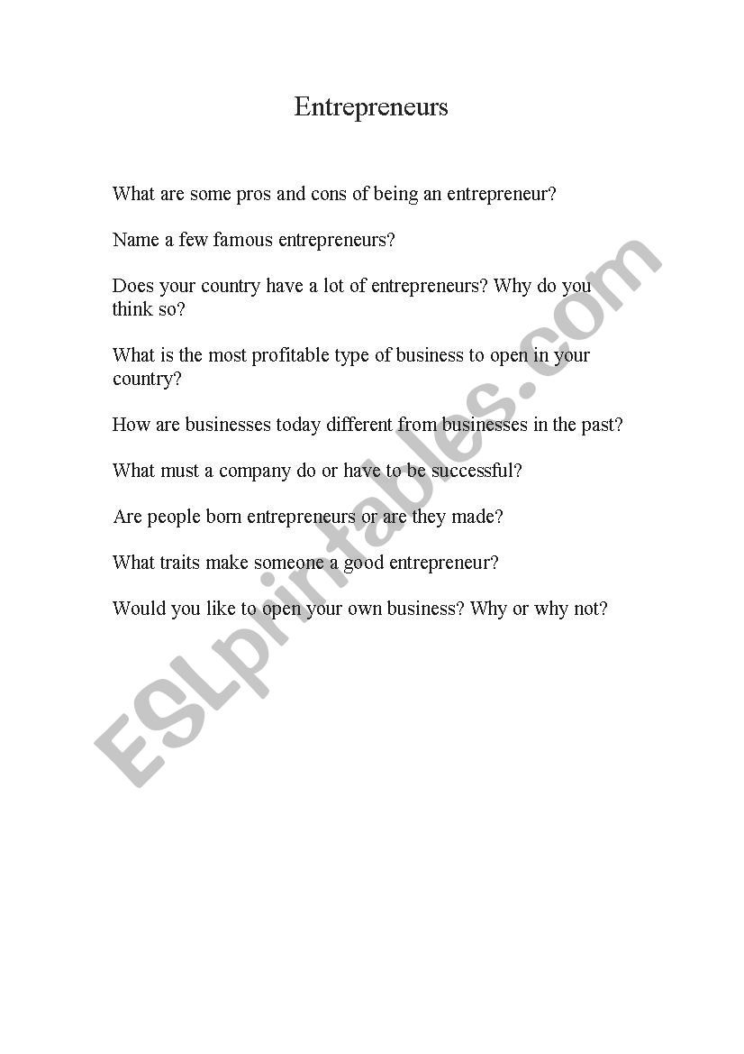 Entreprenuer worksheet