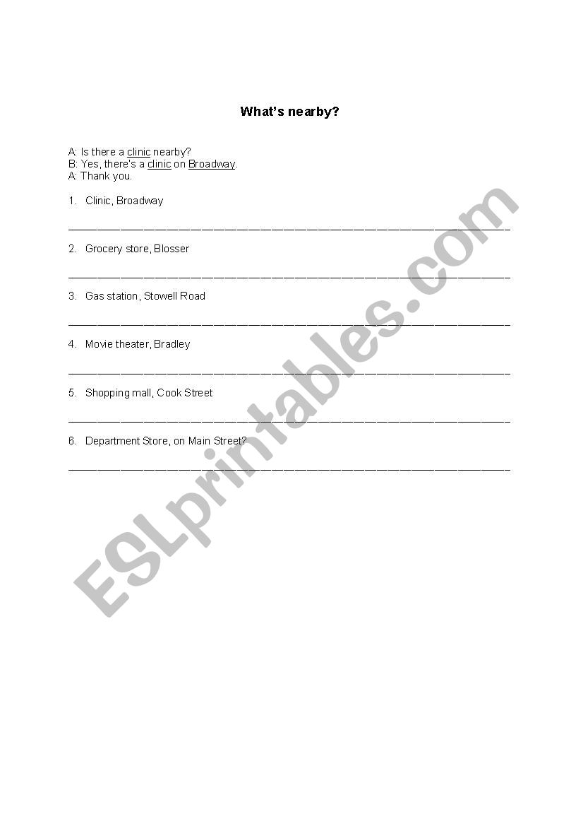 What s Nearby ESL Worksheet By Nicolelmoran