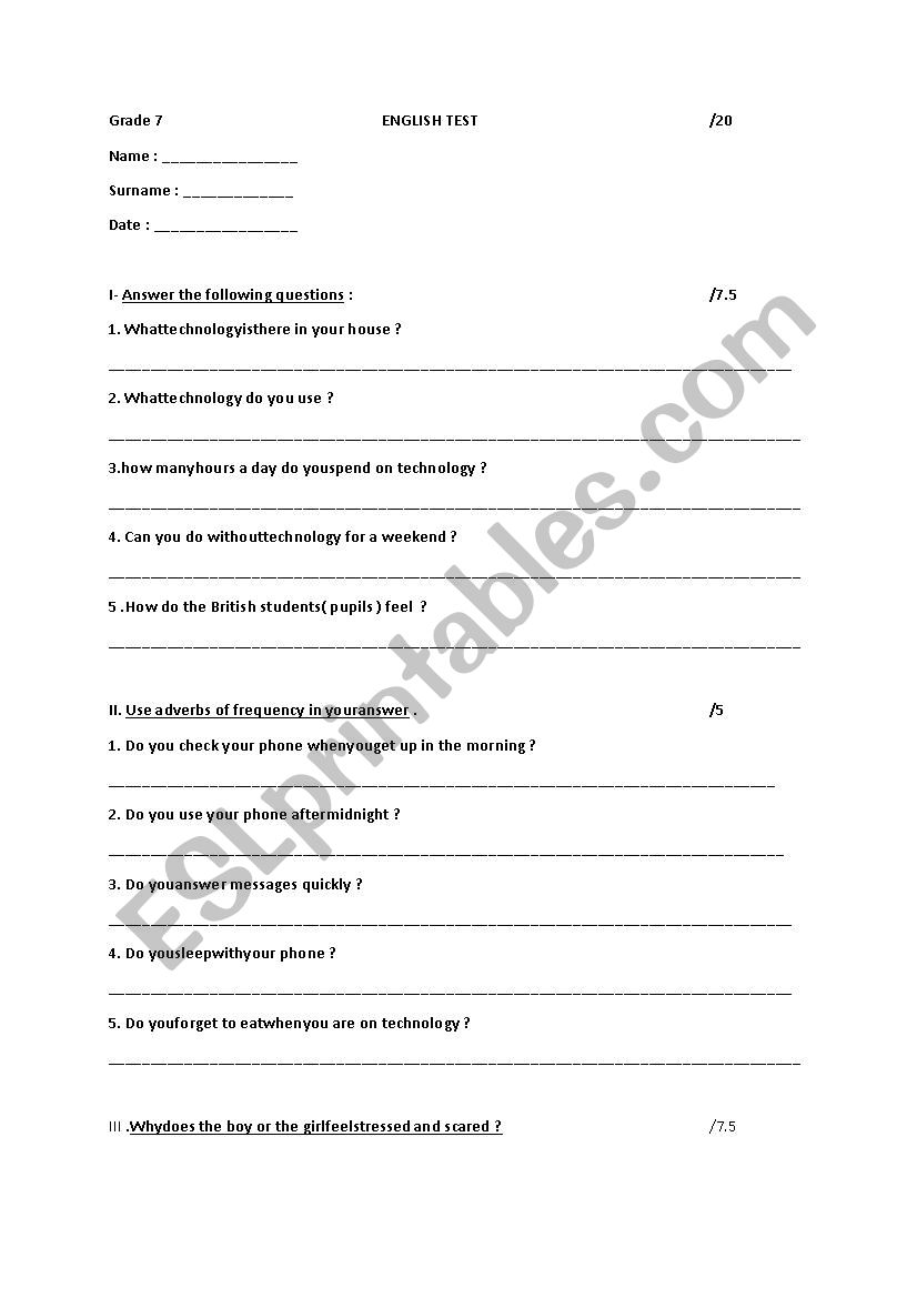 ONE WEEK WITHOUT TECHNOLOGY  worksheet