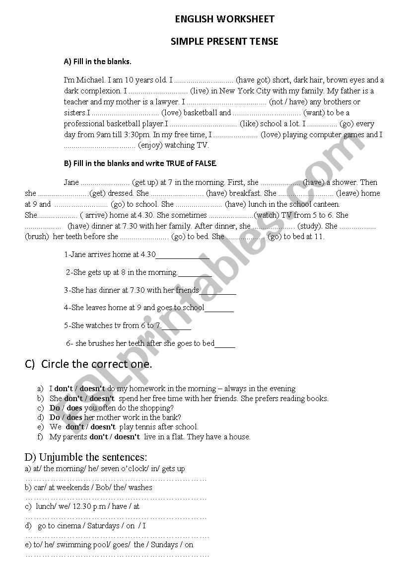 simple present tense worksheet