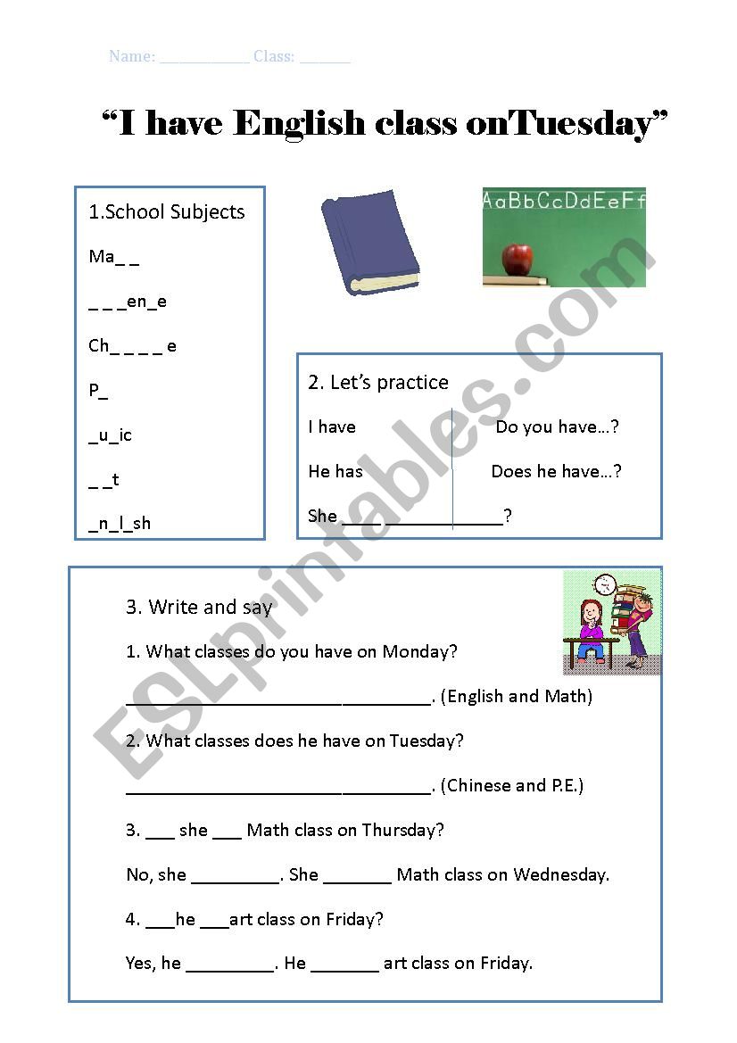 I have English class - ESL worksheet by Giancarlo R