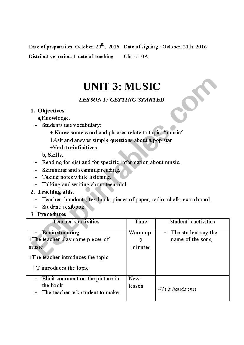 lesson plan: unit 3 music, lesson 1 getting started