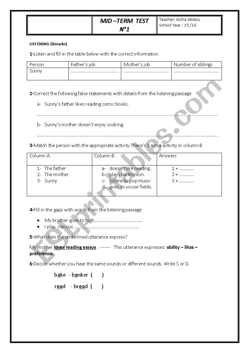 MID-TERM TEST N°1 FIRST FORM - ESL worksheet by AICHA ABDOU