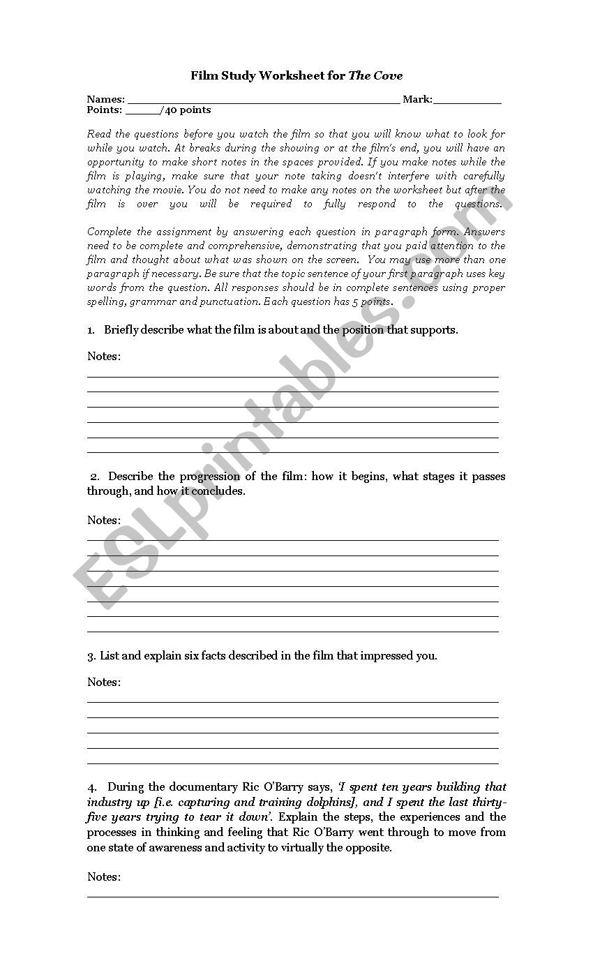 The cove, study guide worksheet