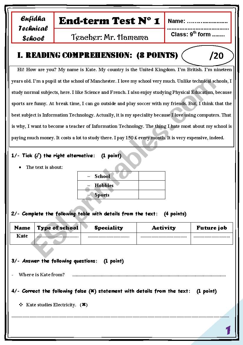 End-of-semester Test N° 1 (9th) - ESL Worksheet By Mr. DALI