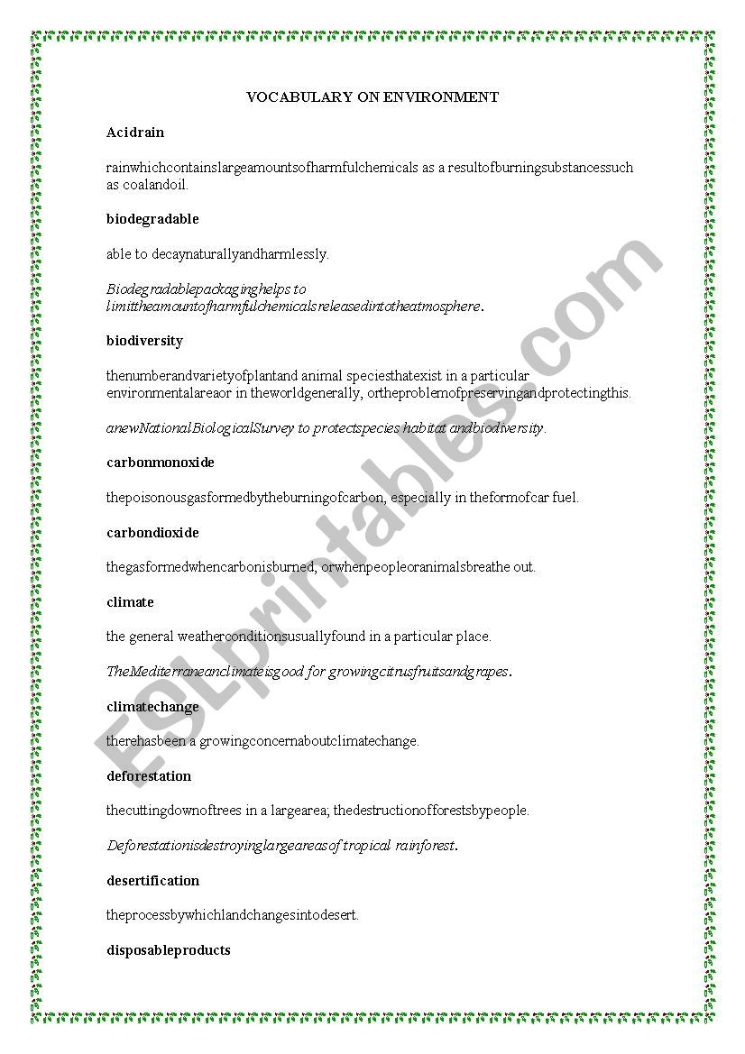 Vocabulary on Environment worksheet