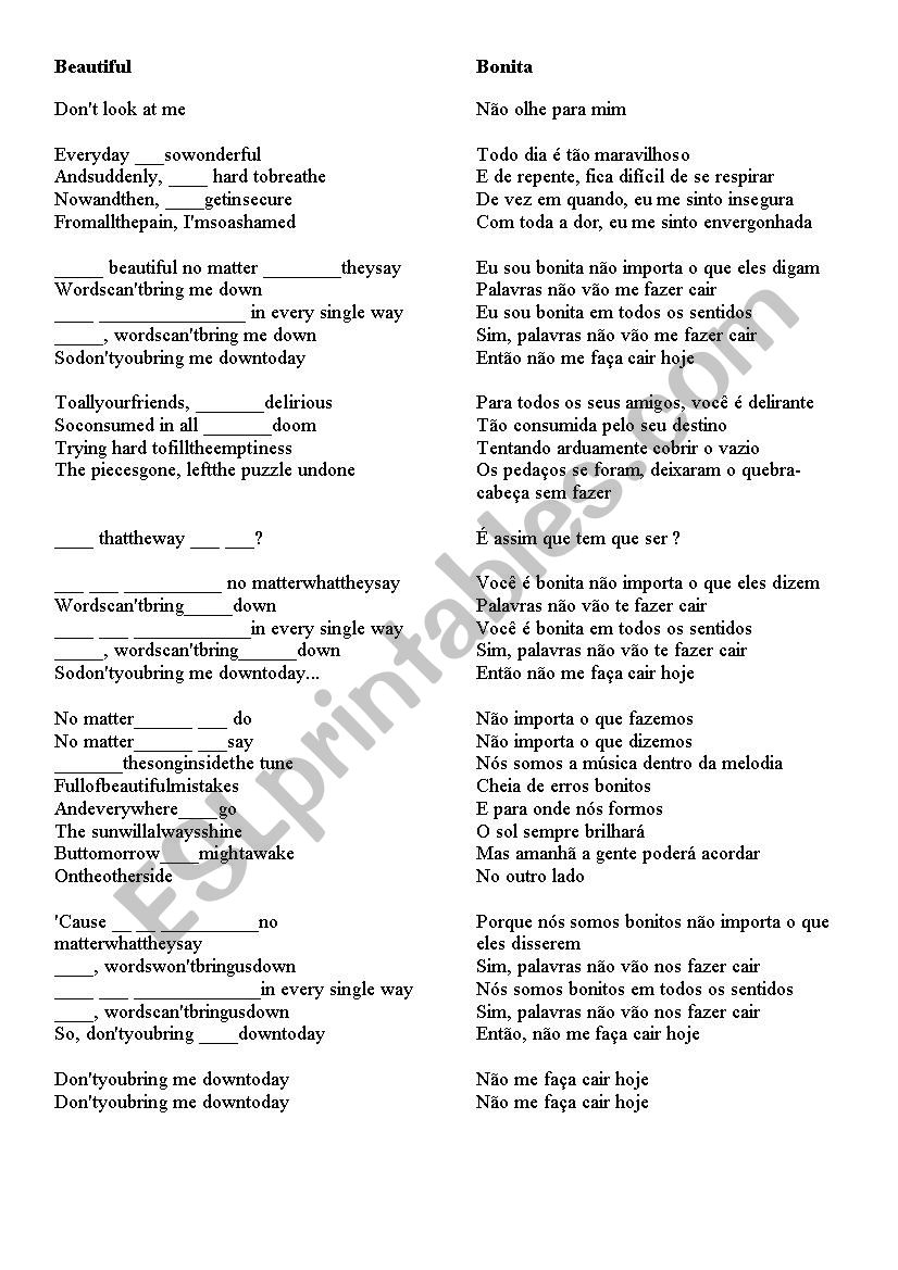 Beautiful - Cristina Aguilera worksheet