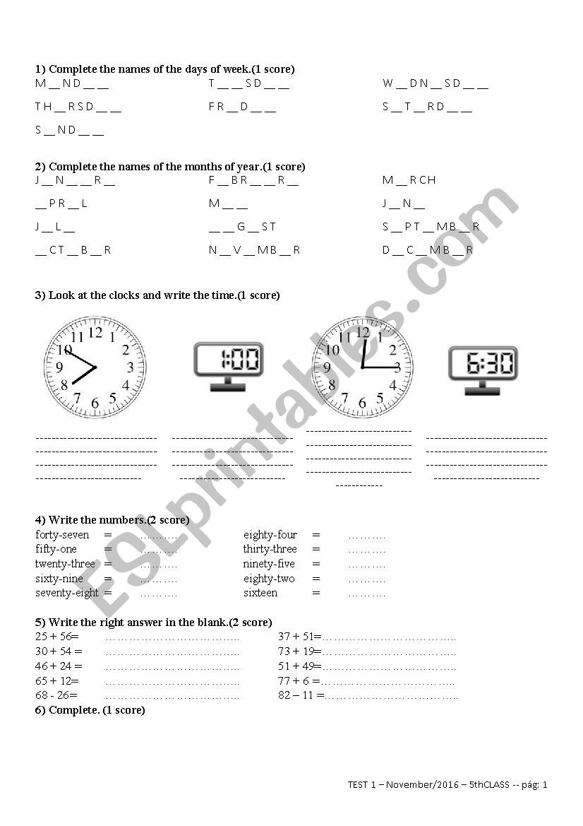 TEST 1  November/2016  5th CLASS 