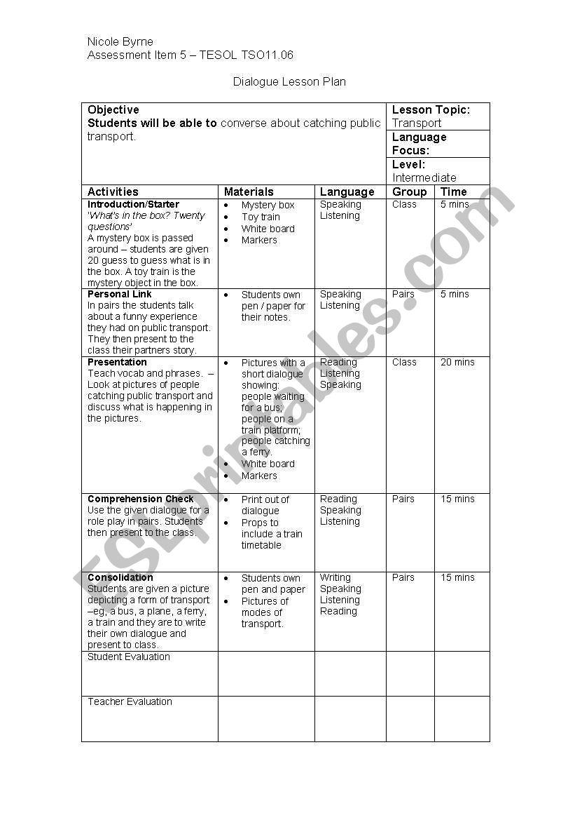 Dialogue Lesson Plan worksheet