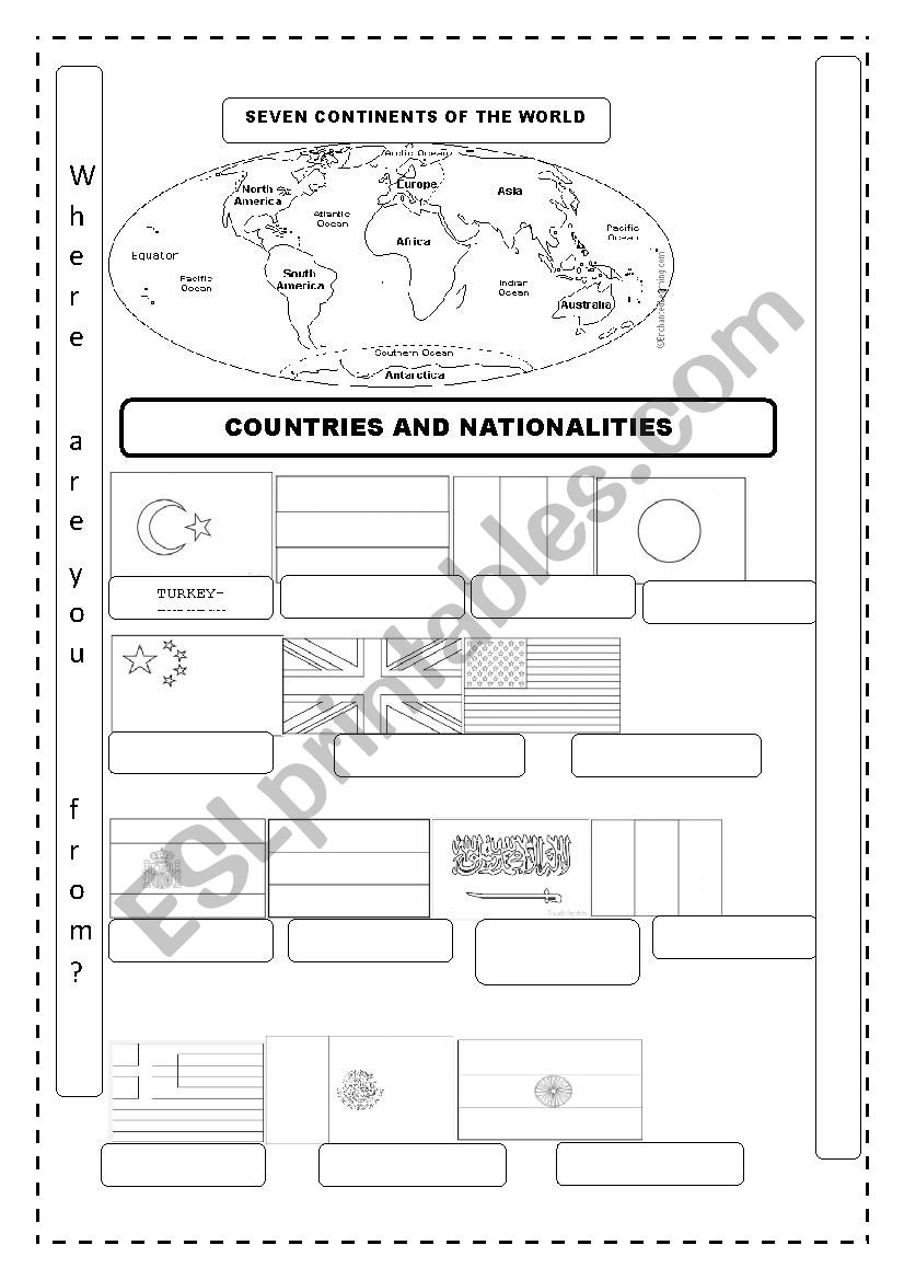 countries,nationalities, 7 contýnents and flag colorýng - ESL worksheet ...