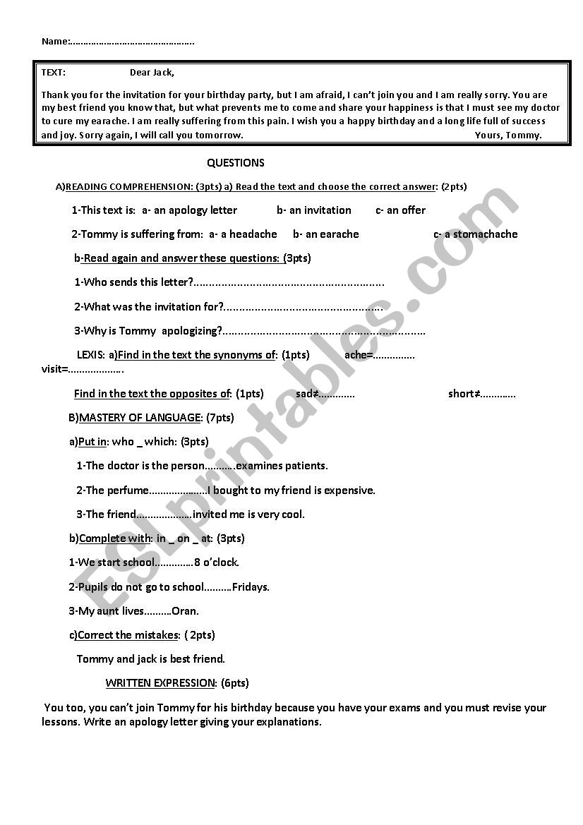 Test  worksheet