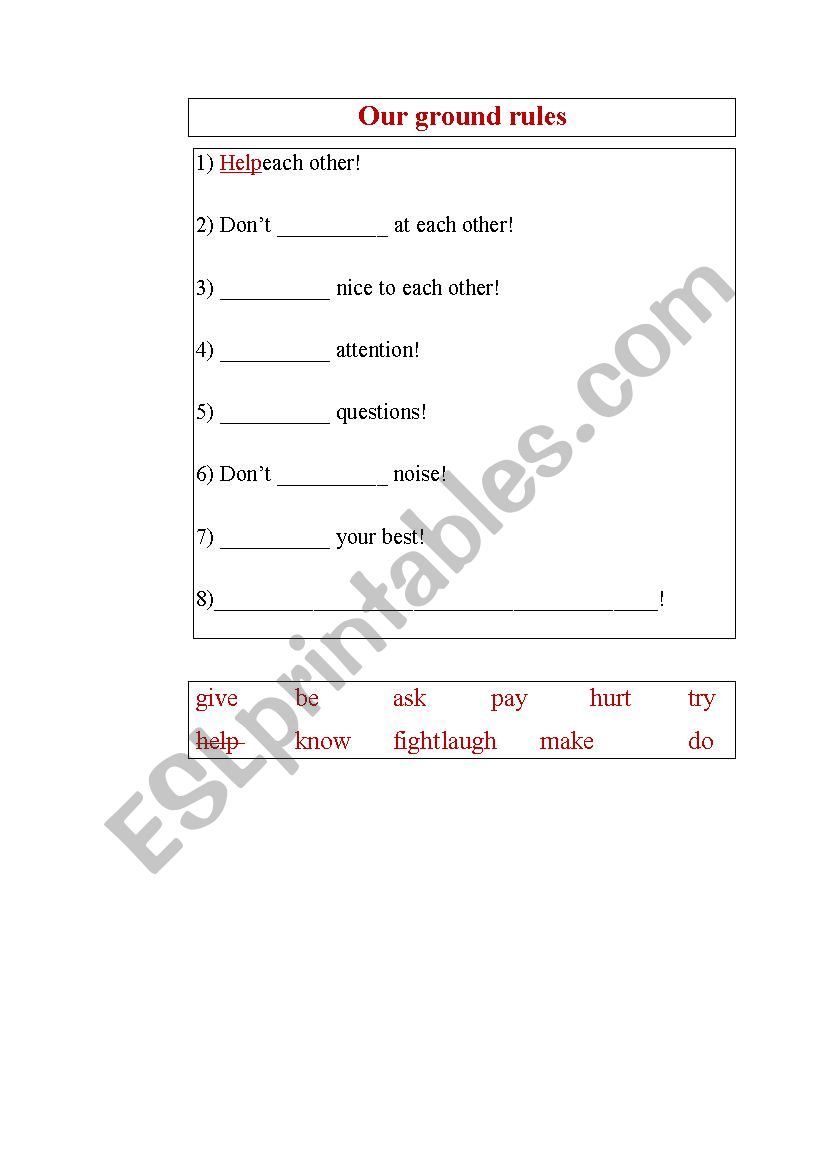 Cloze Our ground rules worksheet