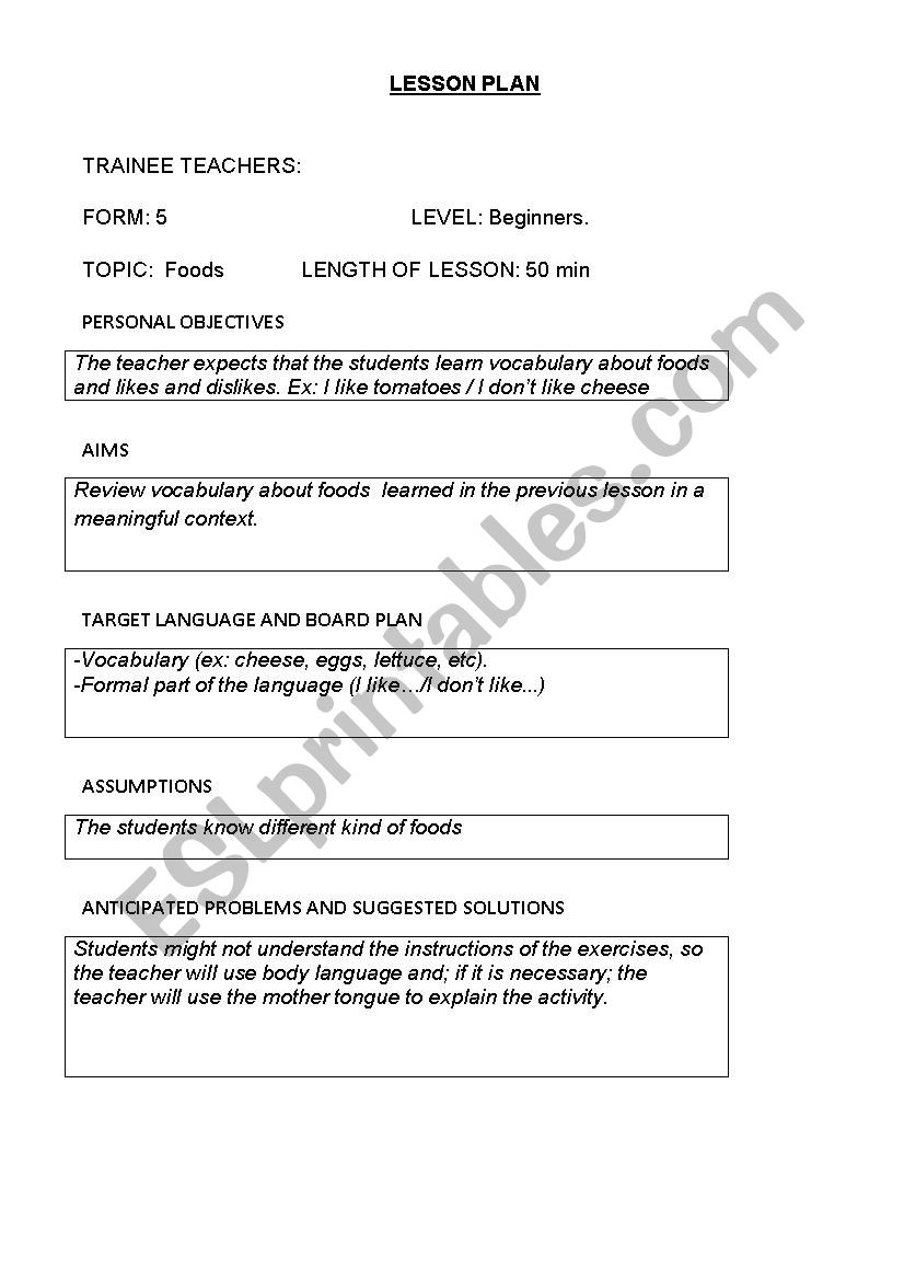 Food - Like and dont like worksheet