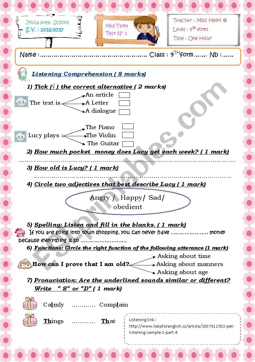 9th Form Mid Term Test N°1 2016-2017 - ESL Worksheet By English-teacher 38