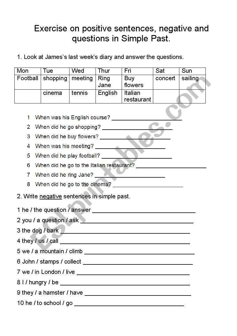 Grammar Worksheet Past Simple Positive Negative And Questions