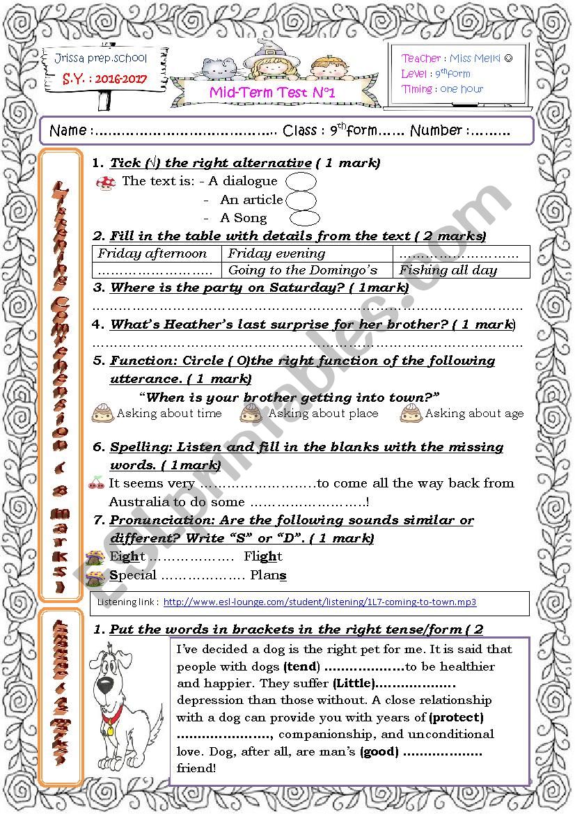 9th form Mid term test n°1 tunisian pupils - ESL worksheet by English ...