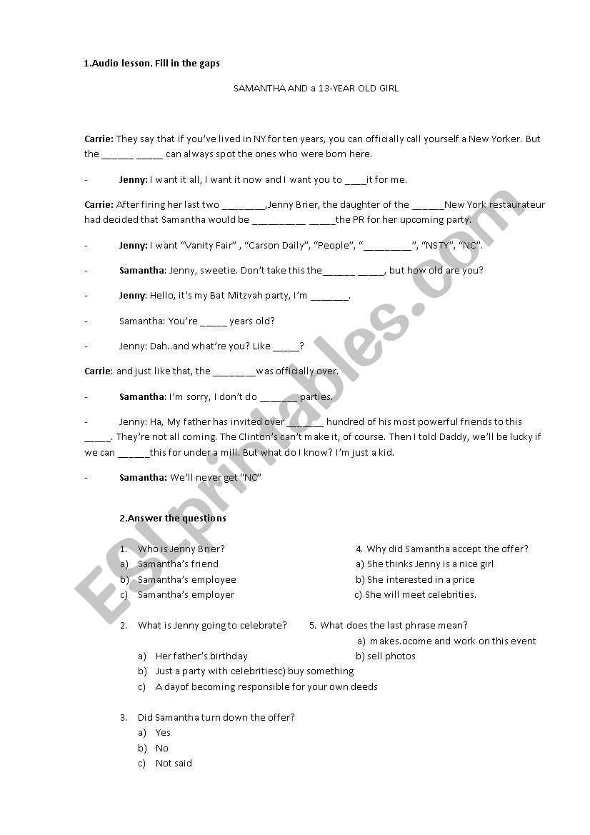 Sex and the city Audio lesson - ESL worksheet by Karinnys