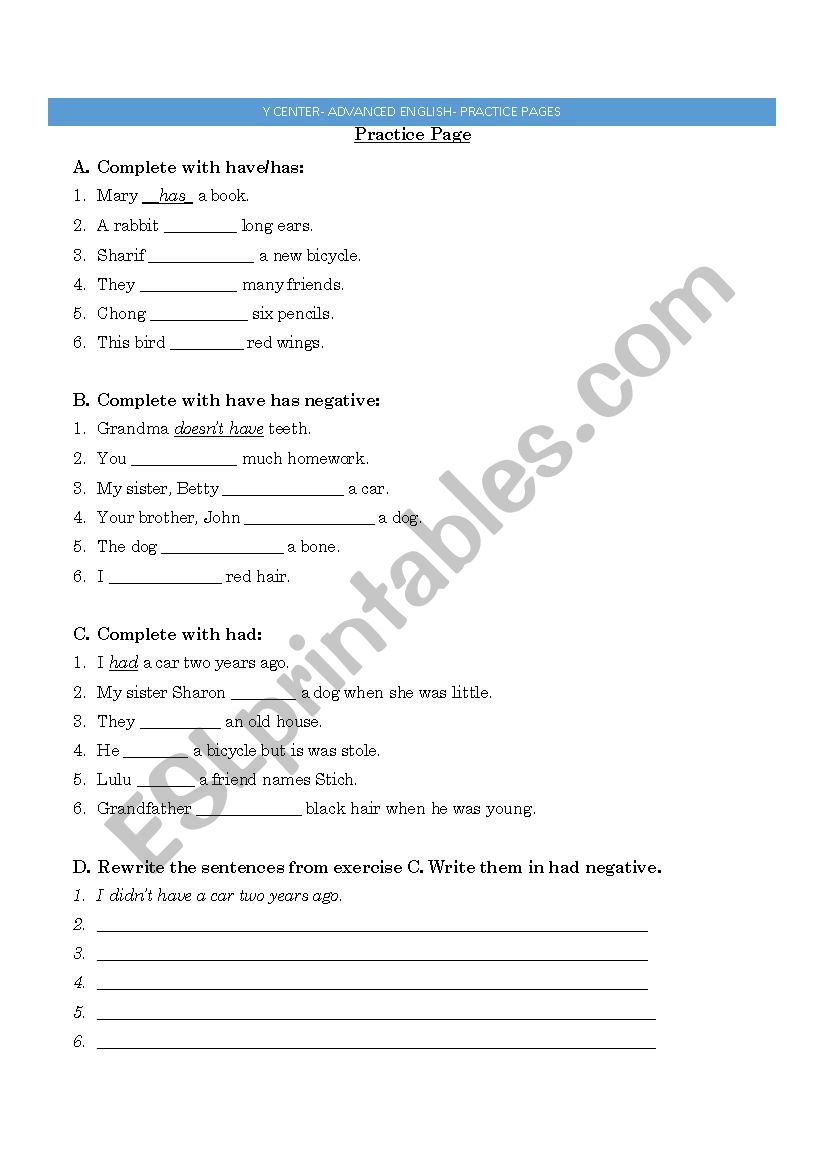 Have Has negative Had Negative ESL Worksheet By Simsh1