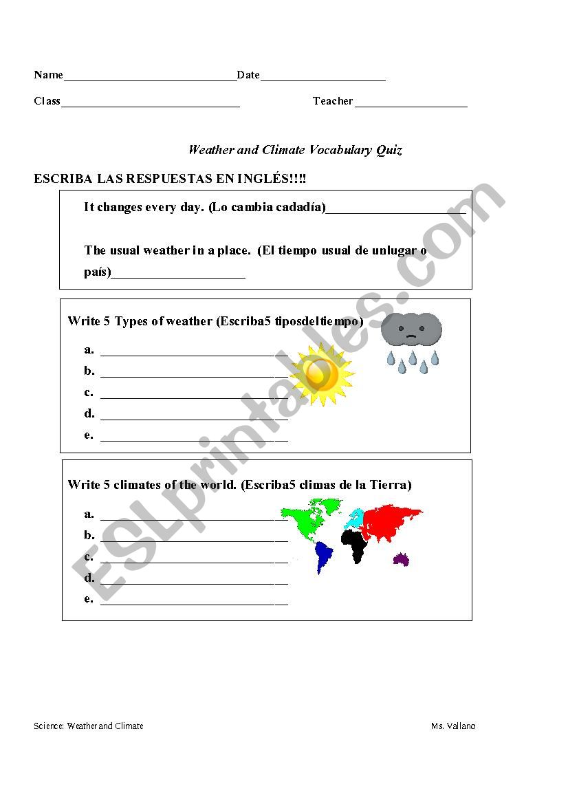Weather and Climate Quiz 6th-8th grade