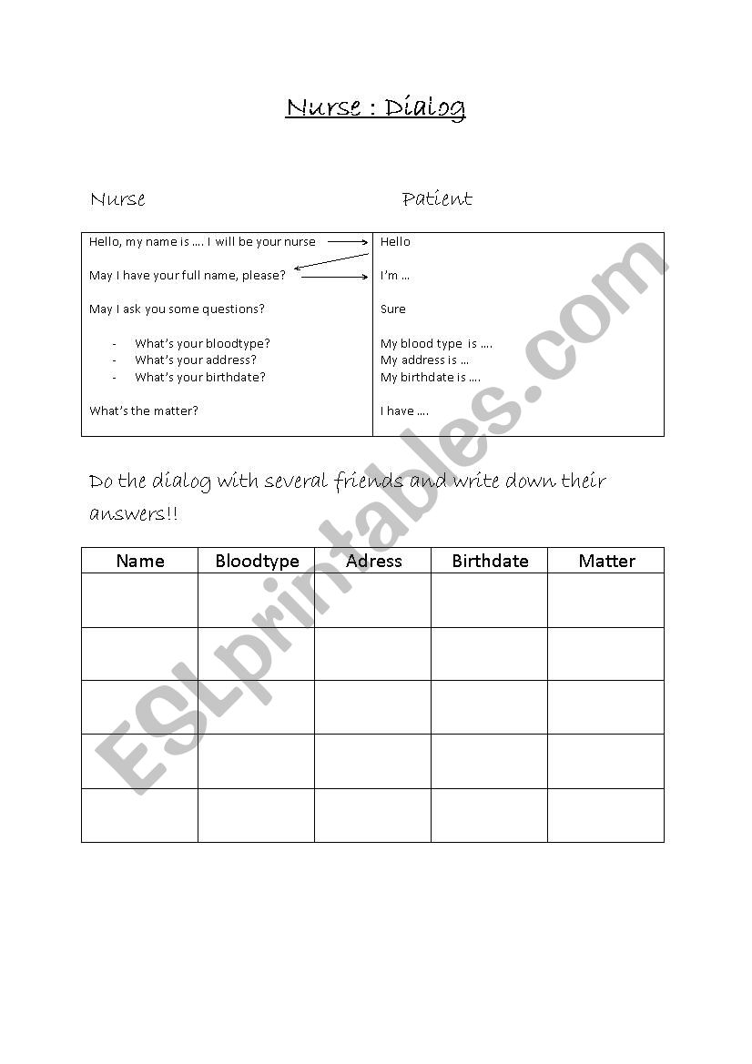 Nurse: dialog worksheet