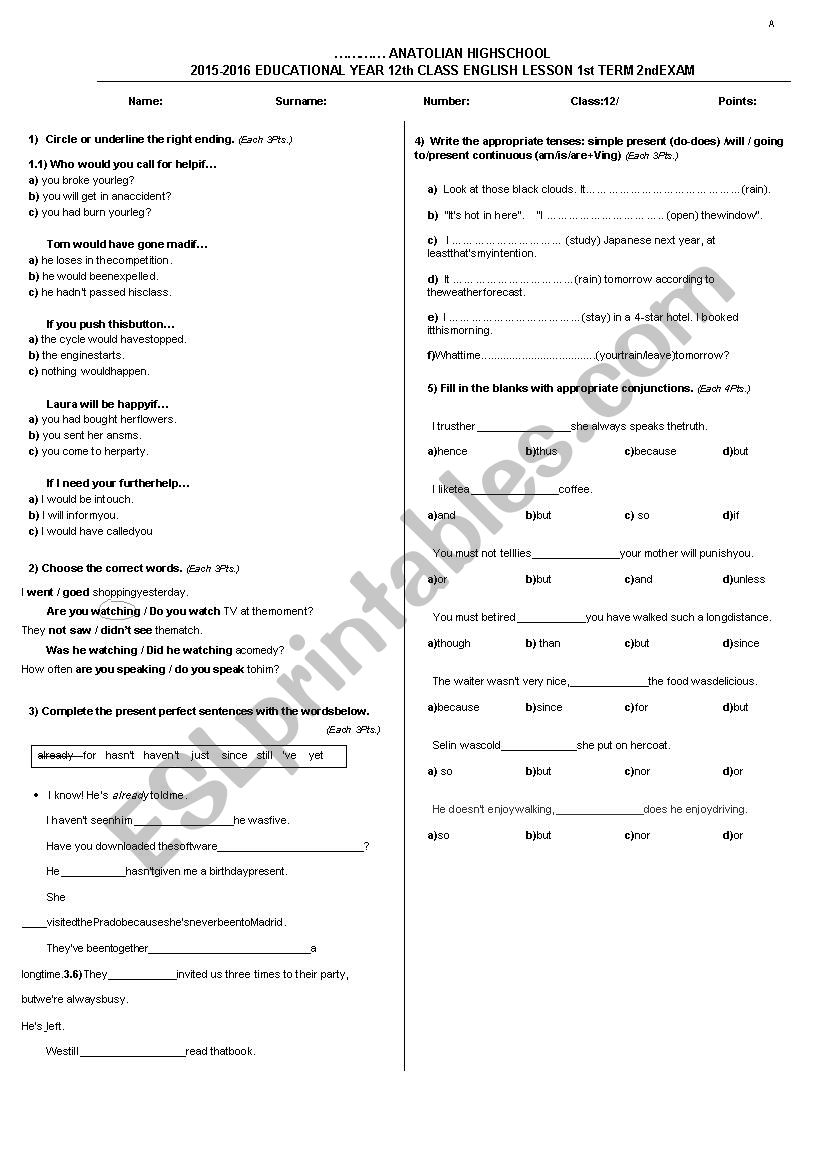 12th class English Exam worksheet