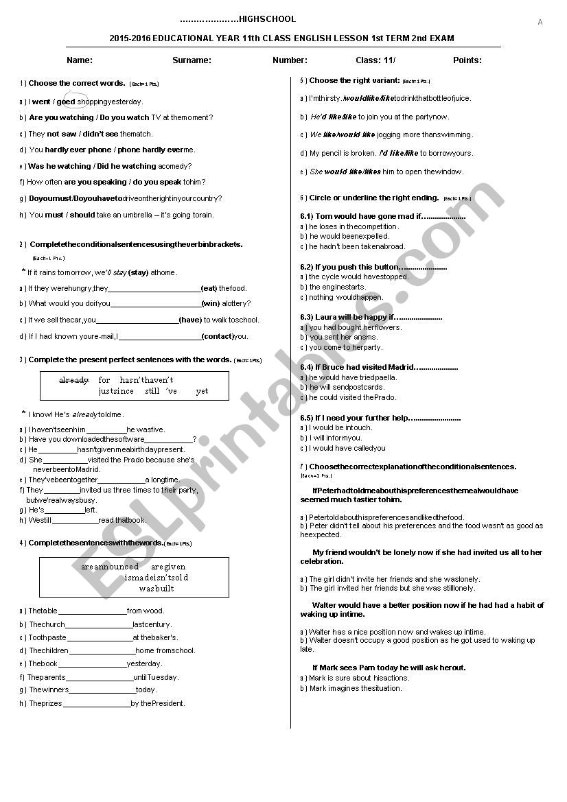 exam worksheet