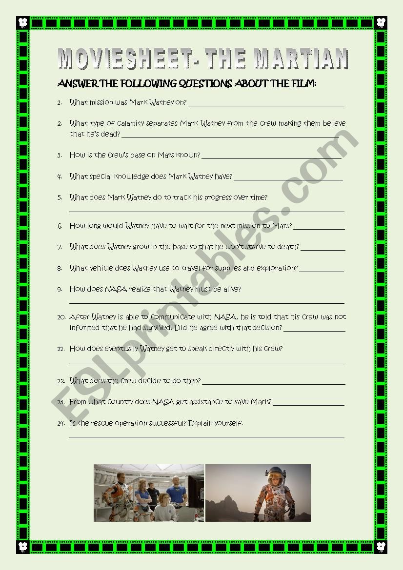 Moviesheet The Martian with Key ESL Worksheet By Pilarnavarro