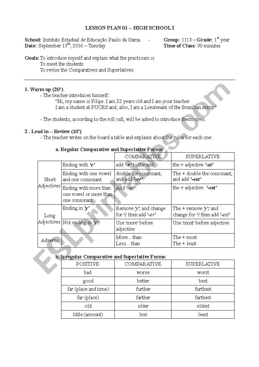 Lesson Plan Comparatives And Superlatives ESL Worksheet By FilipeAguiar