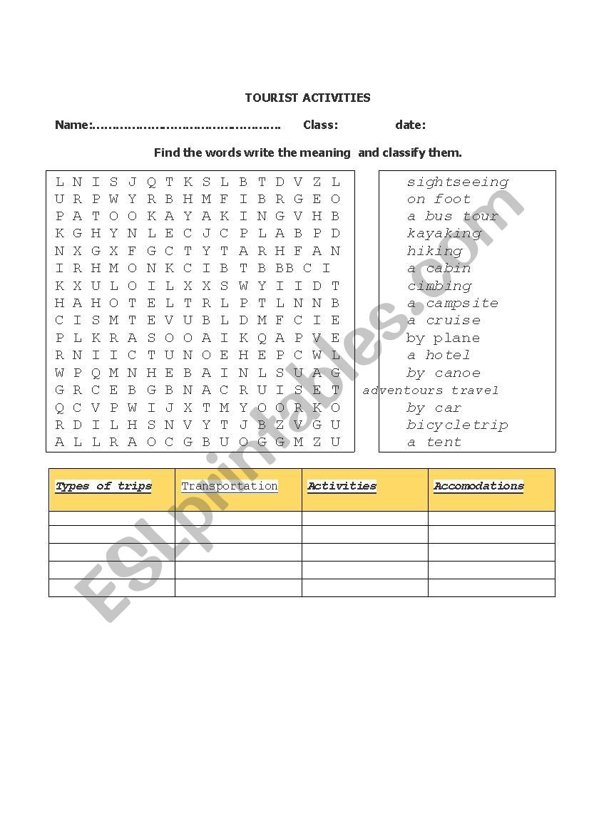 tourist activities worksheet