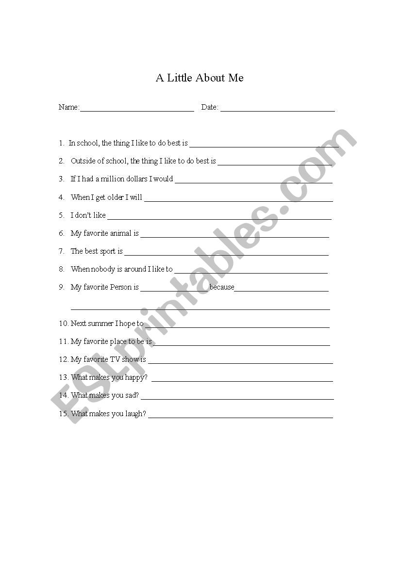 A Little About Me worksheet