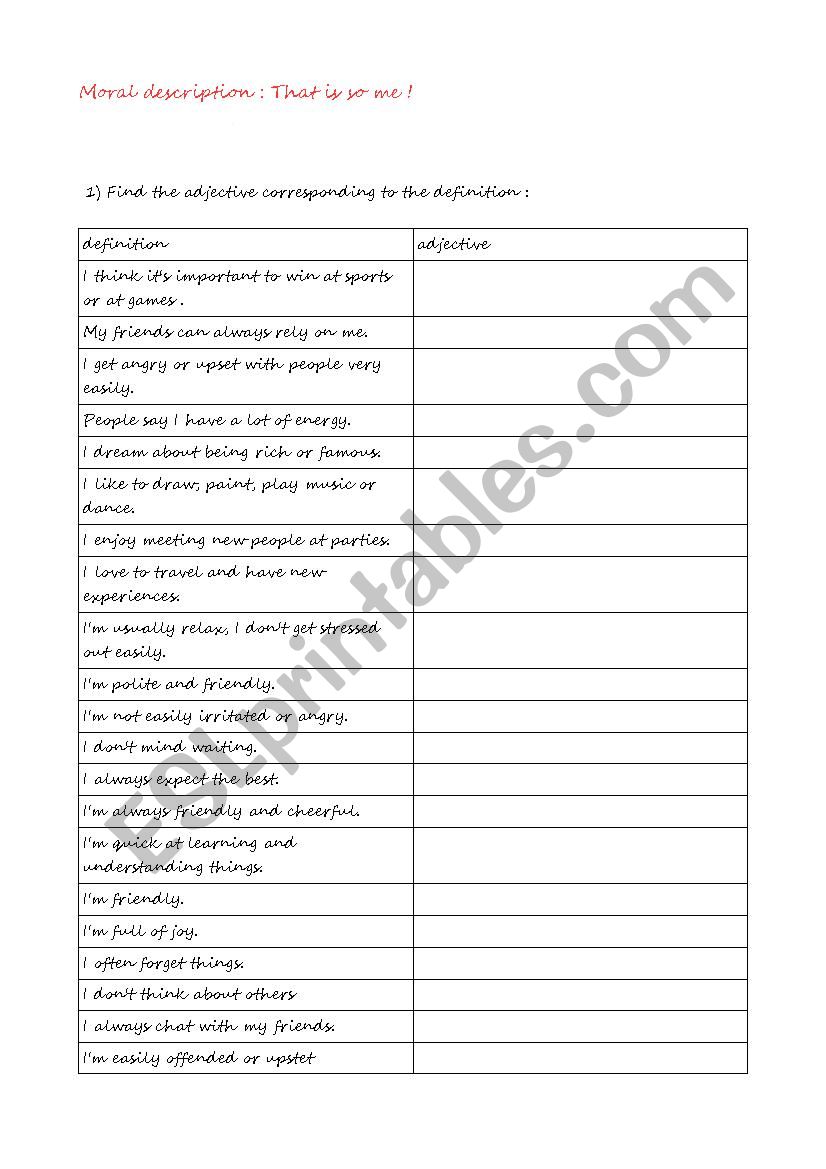 moral description worksheet