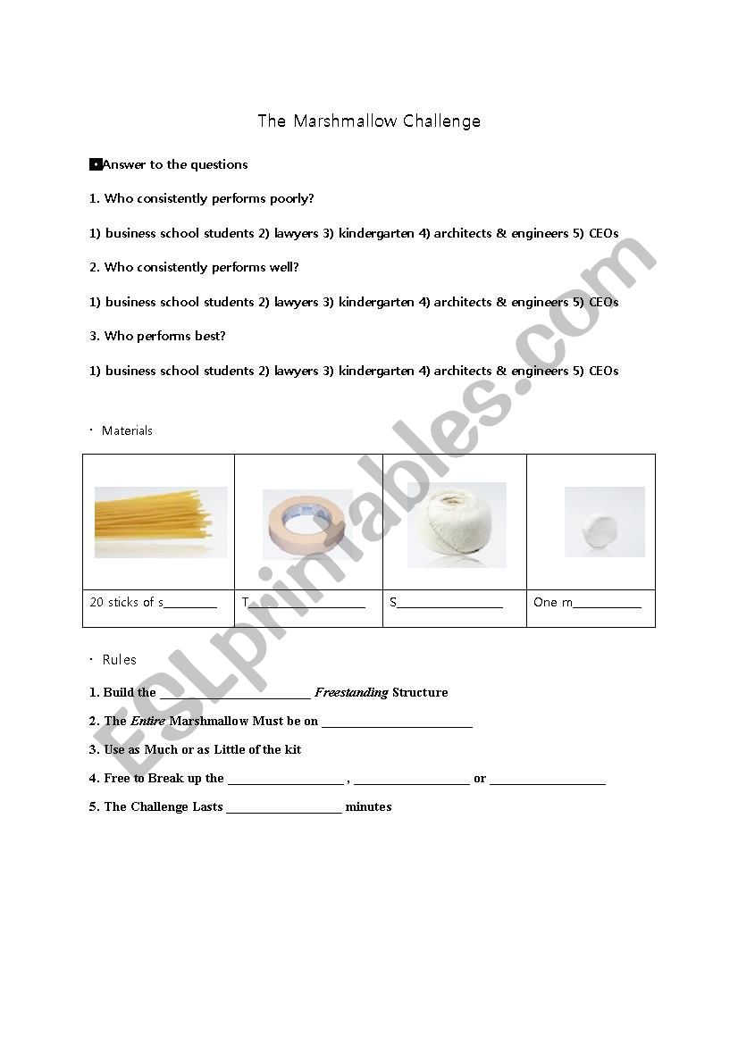 The Marshmallow Challenge worksheet