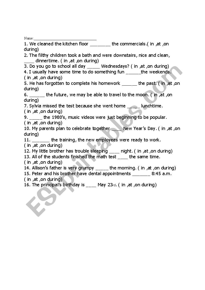 PREPOSITIONS worksheet