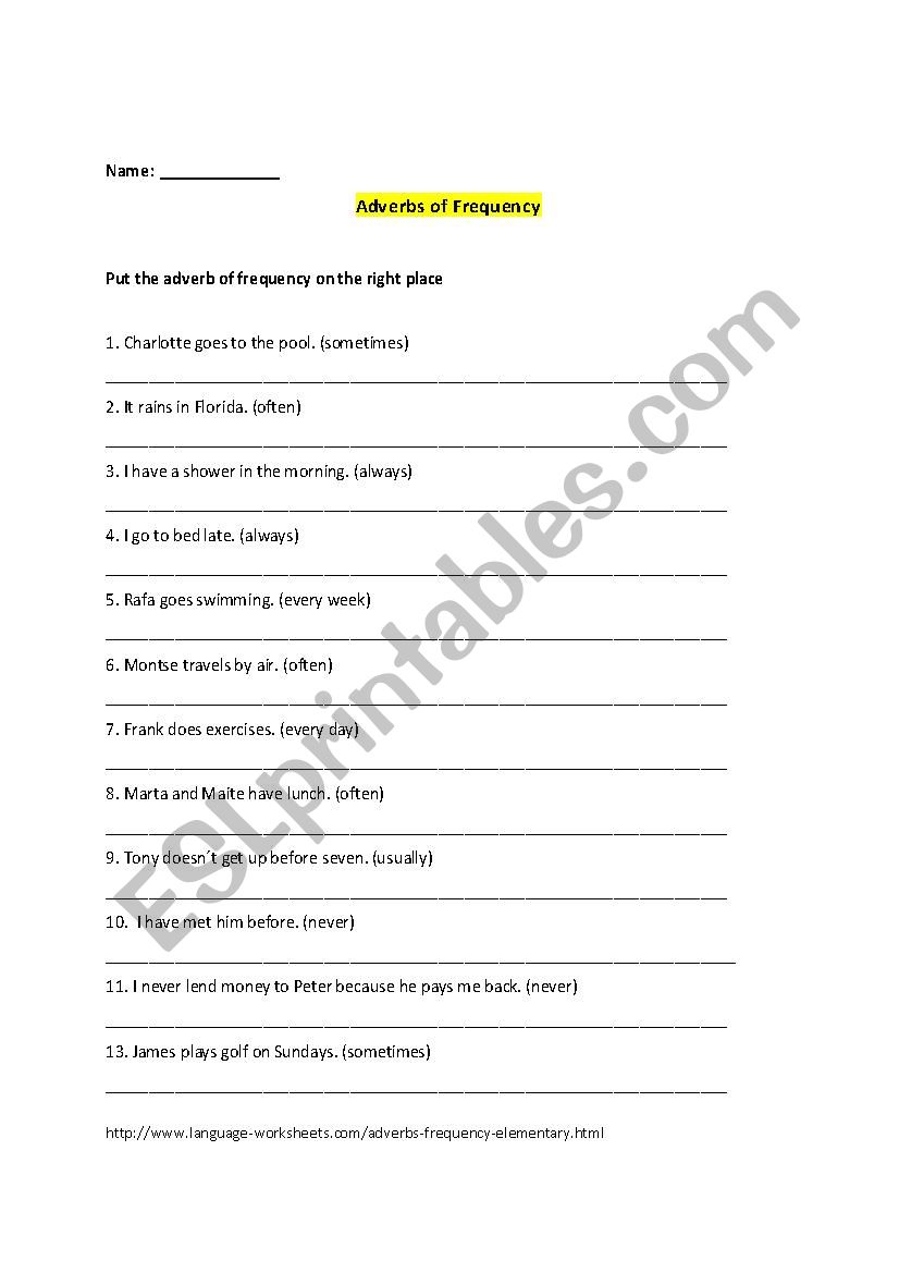 Adverbs of freqency worksheet