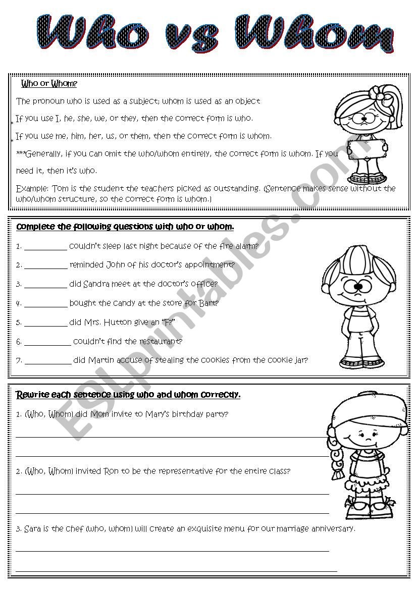 Who Vs Whom ESL Worksheet By Misstylady