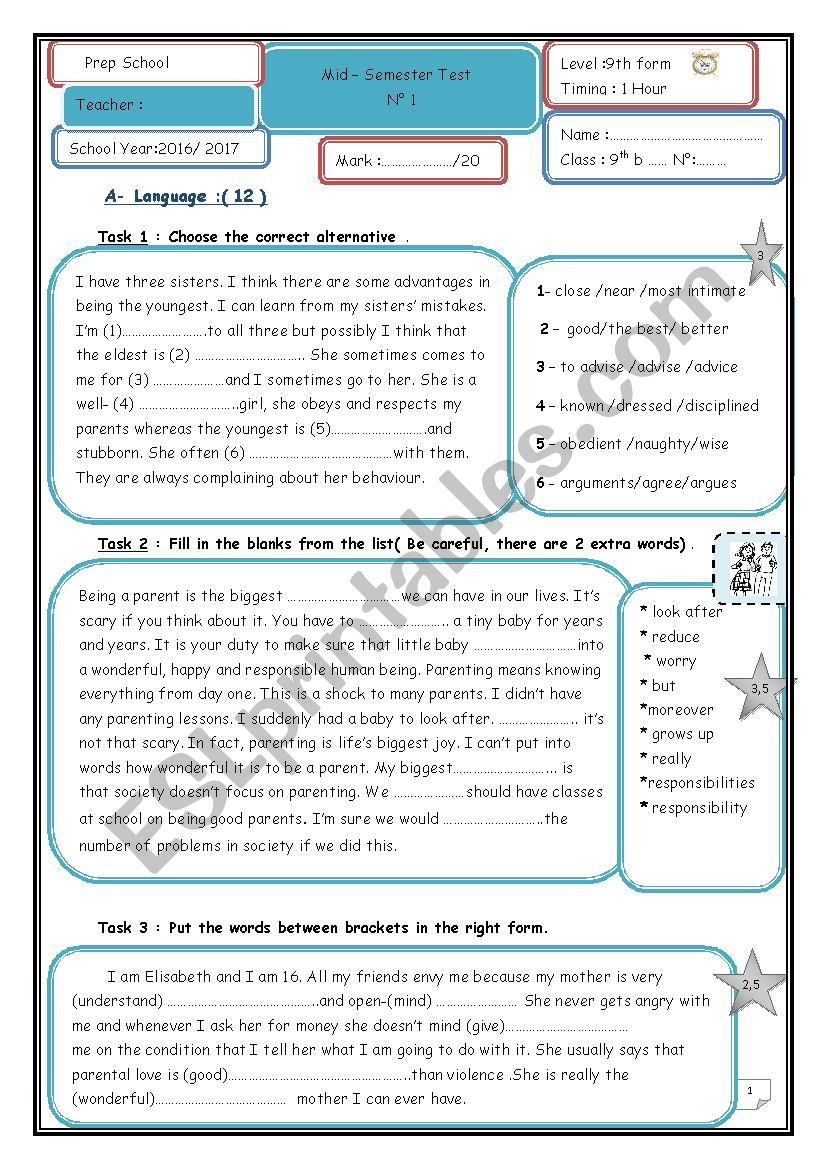 Mid-Semester Test n°1 9th form - ESL worksheet by marane