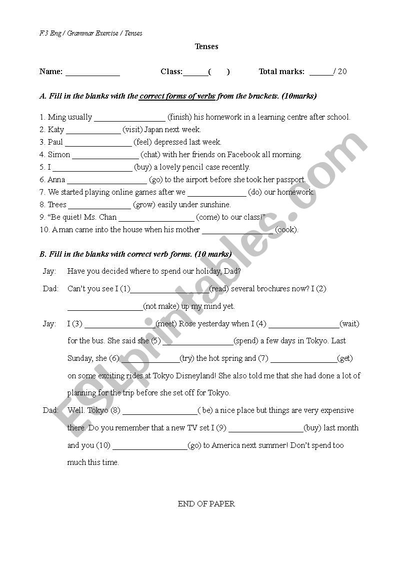 Revision on Tense worksheet