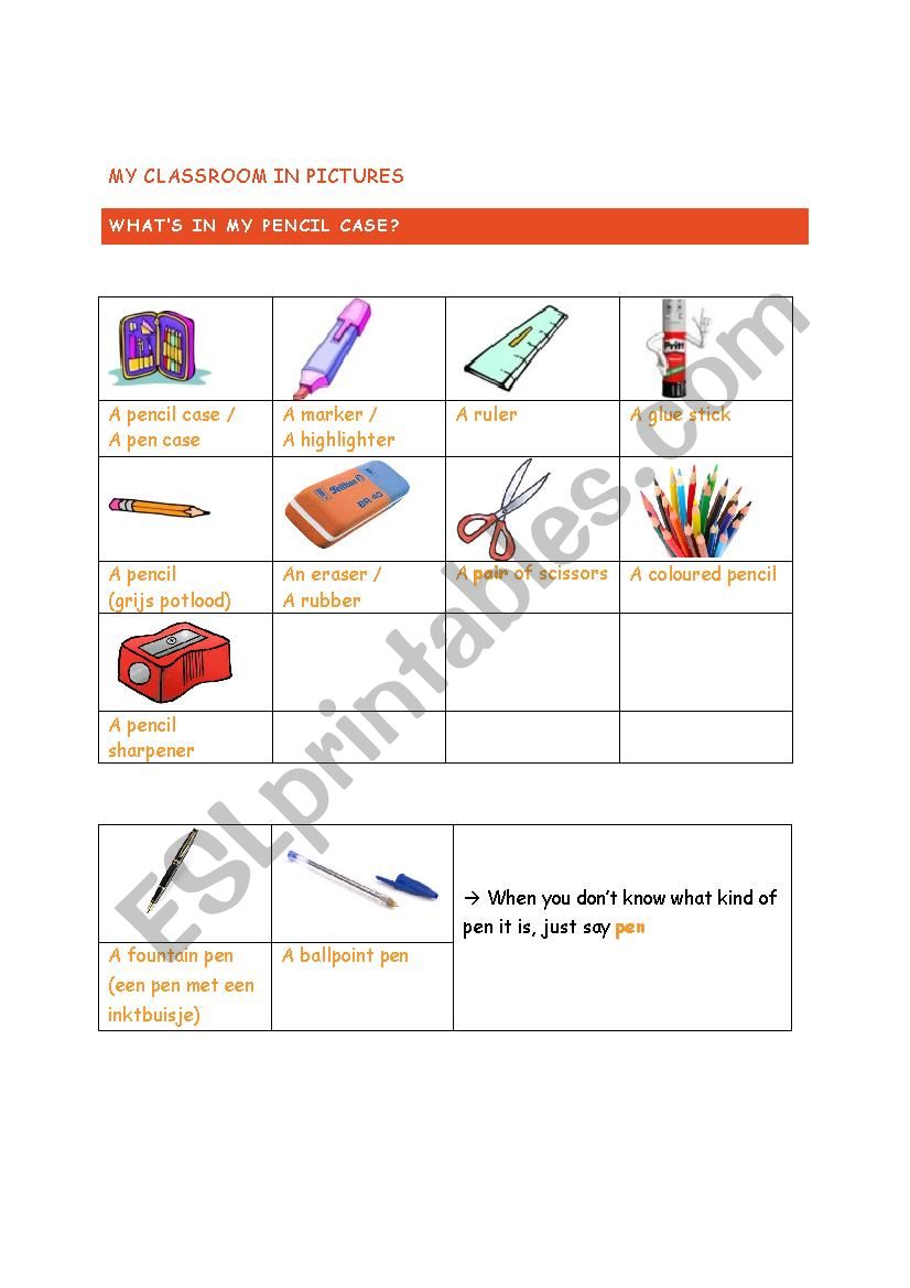 Vocabulary list classroom school 